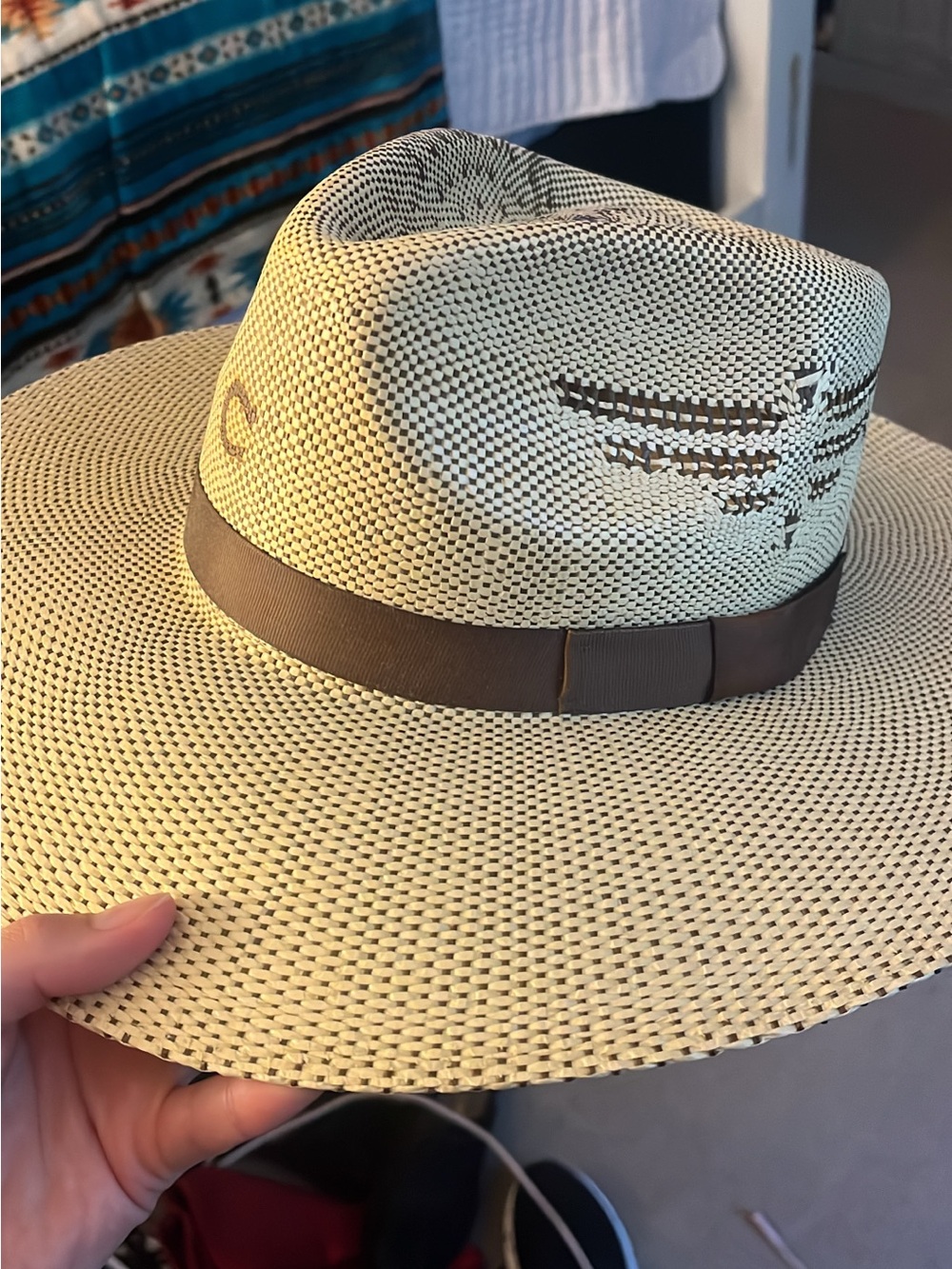 Wide-Brim Straw Fedora Hat with Brown Band - Natural